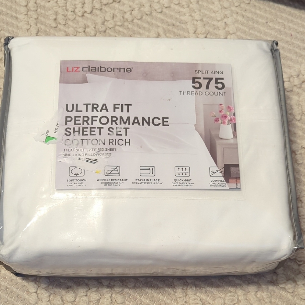 LIZ CLAIBORNE White Split KING SHEET SET Ultra Fit Performance 575 TC New EGRET